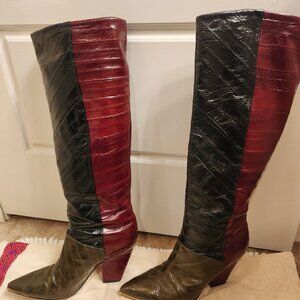 Tory Burch Knee High Boot - Size 9.5 - Burgundy Back Black Front and Green toe